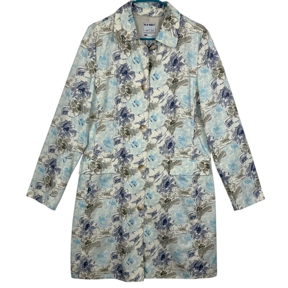Old Navy Blue Floral Trench Coat Women’s Large – Vintage Y2K Spring Jacket - Picture 1 of 14